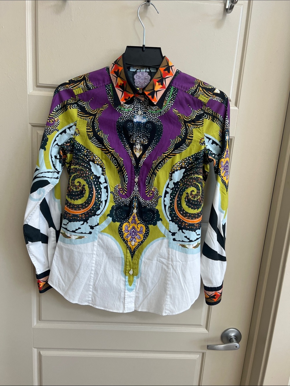 ETRO Patterned Long Sleeve Button-Up top vtg Cotton Purple | Size: M | US6, IT42 - Picture 2 of 7